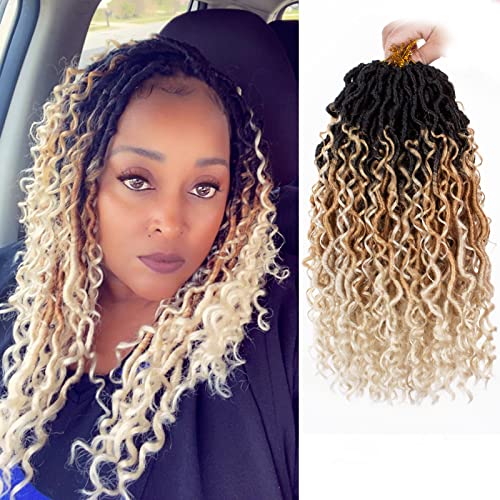 ZRQ 8 Packs Ombre Goddess Crochet Hair 14 Inch Curly Faux Locs Braids, 3 Tone Boho Faux Locs Crochet Hair Pre Looped Bohemian Locs For Women Hair Extension 1B27613#