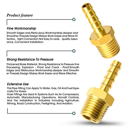 Image of Tailonz Pneumatic Brass Hose Barb Fitting -1 /4 Inch Barb to 3 /8 Inch Male NPT Adapter(10Pack)