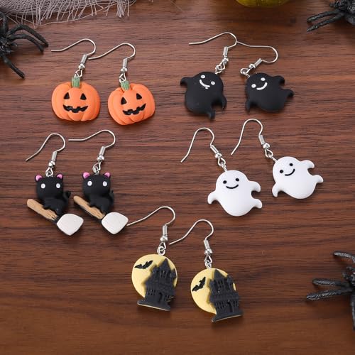 5 Pcs Halloween Earrings for Women Pumpkin Ghost Cat Dangle Earrings Halloween Outfits Costume Jewelry Accessories