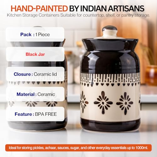 Image of Black Jhalar Ceramic Handglazed Pickle Jars Set of 1-1000 ML Each | 1 kg Achaar Martban Barni Jar with Lid | Ceramic Storage Jar Container Pickle /Achar, Chatney