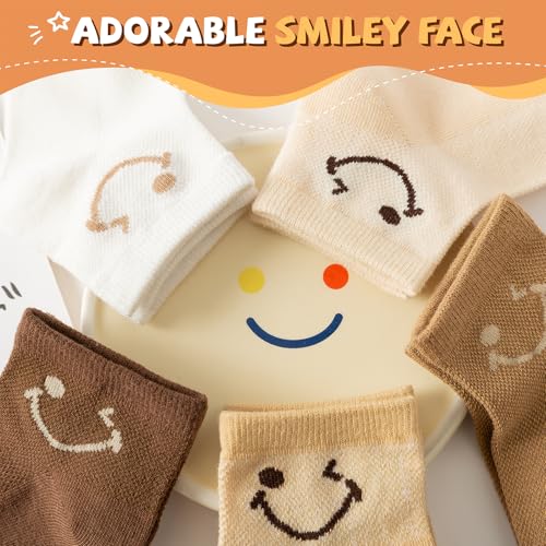 Toddler Breathable Mesh Socks Solid Color Smiley Face Combed Cotton Baby Ankle Socks for Boys Girls Kids, 5 Pairs2