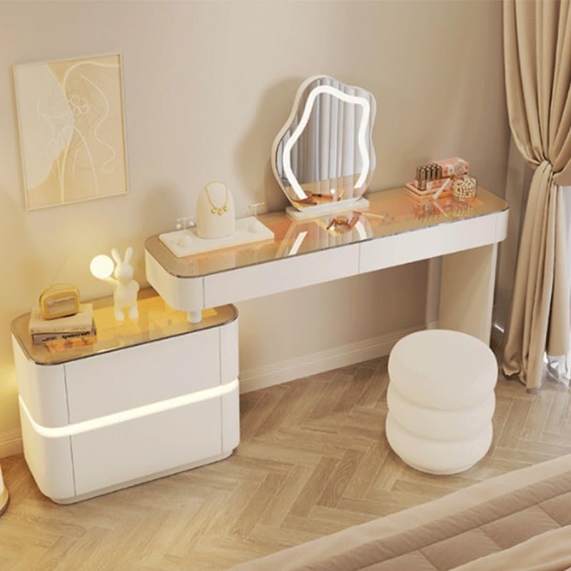Solid Wood Cream Dresser Storage Cabinet All-in-One Light Luxury Bedroom Rock Slab Vanity with Lights(D,120cm)