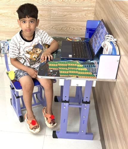Image of Toby Multifunctional Baby Desk /Kids Study Table and Chair Cartoon Printed Height Adjustable Bench Metal Chair