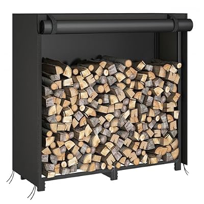 HOOBRO 4FT Firewood Rack with Cover, Adjustable Firewood Log Rack with 2 S-Shaped Hooks, Oxford Fabric Cover, Heavy Duty Log Holder, Fireplace Wood Storage, for Indoor and Outdoor, Black BB04CH02