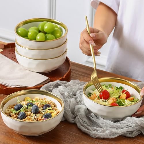 Image of vicrays Ceramic Salad Bowls Set for Kitchen, Serving - 24 Ounce Soup Bowls, Pasta Bowls, Chip Resistant, Dishwasher Safe, NOT Microwave Safe, Fluted, Stoneware, Set of 6 (White with Golden)