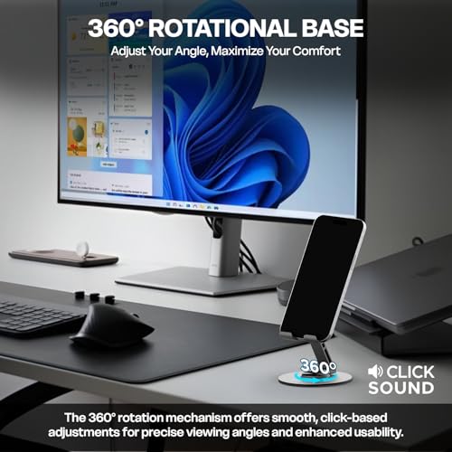 Image of Amkette Ergo 360 Alloy Mobile Stand for Desk, Foldable Design with Stable Rotational Metallic Round Base, Multiple Height & Angle adjustments for Smartphones, Tablets & iPad (Grey)