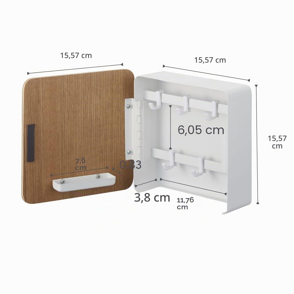YAMAZAKI RIN Magnetischer Schlüsselkasten aus Stahl - mit Abdeckung aus Sperrholz, mit 5 Schlüsselhaken, Schraubmontage - 5,7 x 15,8 x 15,8 cm, Japanisches Design, weiß