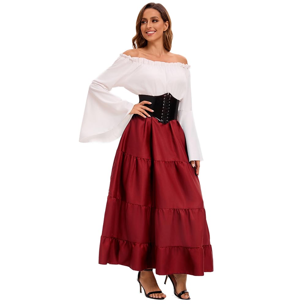 Feynman Robe médiévale rétro pour femme avec manches trompette - Reine victorienne médiévale Renaissance gothique - Robe maxi pour carnaval, Halloween, fête
