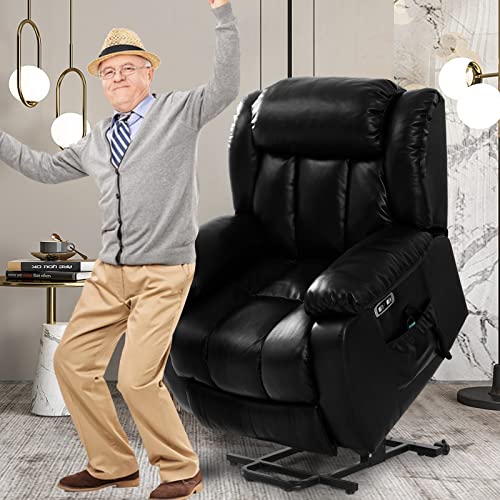 Bedhours Dual Motor Power Lift Recliner Chairs For Elderly With Heat And Massage Genuine Leather Recliner Dual Motor Recliner Chair Usb Ports, 3 Positions, 2 Side Pockets (Genuine Leather Black) #TOP4