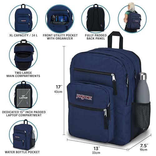 JanSport NCAA Officially Licensed Backpack, Penn State Nittany Lions, Big Student with Padded 15-Inch Laptop Sleeve, 2 Compartment Computer Bag with Bottle Pocket & Haul Handle, Book Rucksack, Navy2
