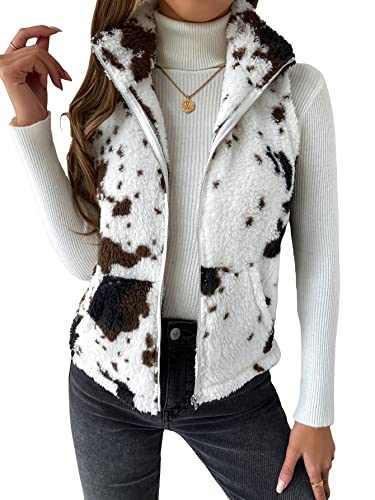 Soly Hux Women's Cow Print Fleece Fuzzy Zip Up Vest Jacket Sleeveless Fluffy Outwear With Pockets White And Brown M #TOP8