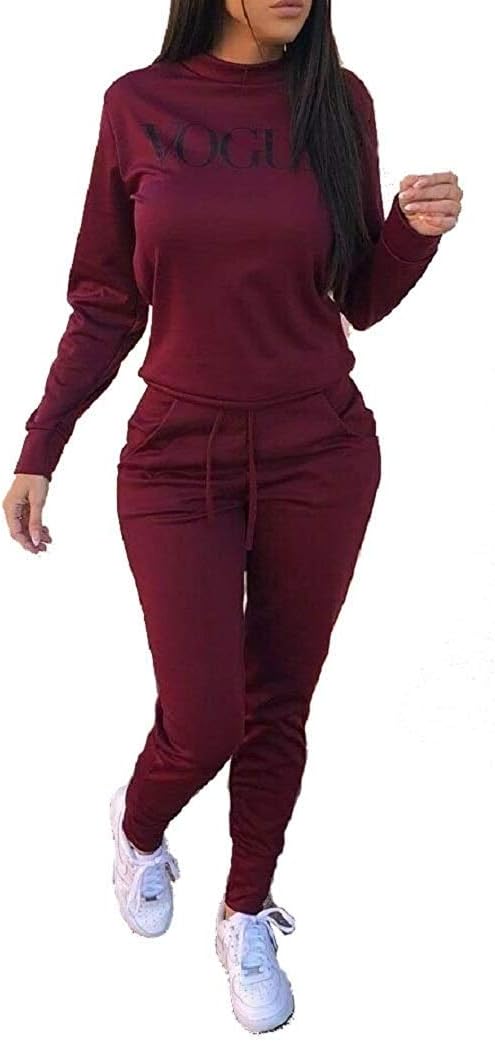 New Womens Vogue Print Loungewear Tracksuit Ladies 2 Piece Top and Jogger Set (Wine, M/L 12-14)
