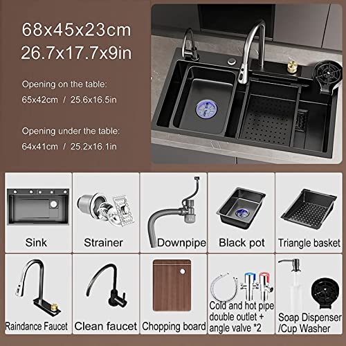 Stainless Steel Waterfall Kitchen Sink 26.8X17.7X8.3In Black Nano Kitchen Sink Workstation Single Bowl With Pull-Down Faucet Chopping Board Cup Washer Workstation Sink Accessories #TOP1