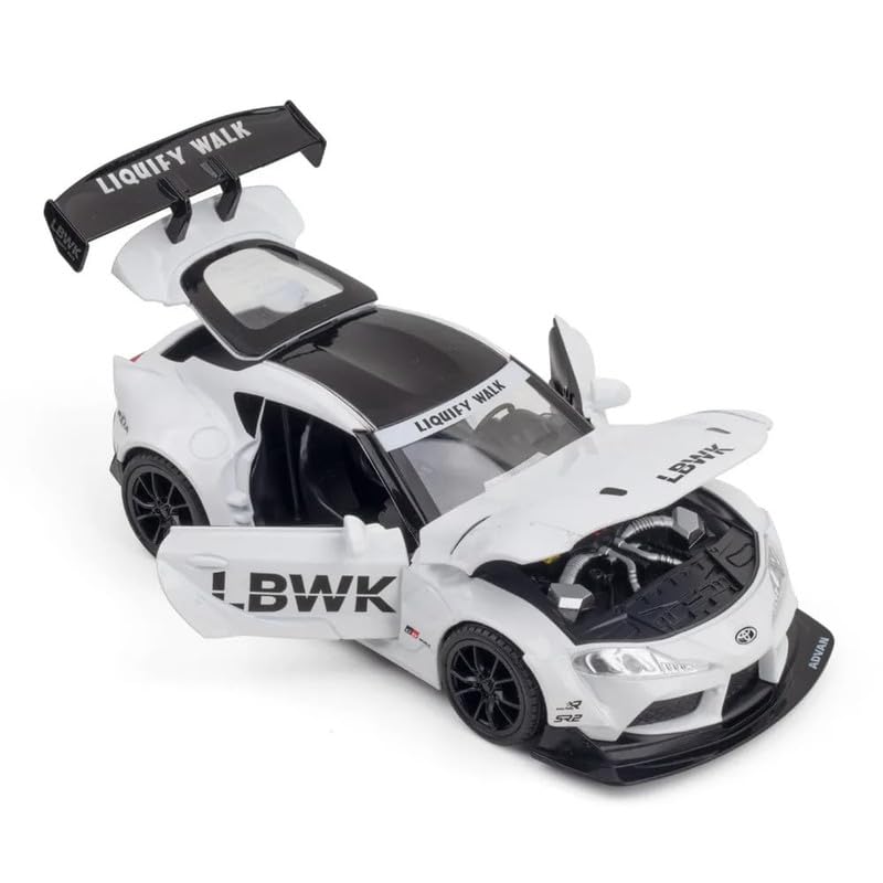 Image of PINQUE Kids 1:24 Toyota Supra GR LBWK Diecast Alloy Metal Pull Back Car With Openable Doors, Music, Sound and Light - Vehicle Toy for Boys (White)