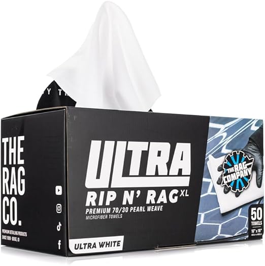The Rag Company - Ultra Rip N' Rag XL Premium Reusable Pearl-Weave Microfiber Towels for Coatings, Glass, Detailing, Home, RV and More - 50 Count - Quality 70/30 Blend - 280gsm 16" x 16" - White