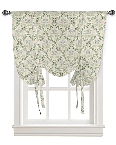 Yukro Tie Up Curtains Window Shades, Vintage Green Flowers Pattern Rod Pocket Tie Up Window Shade, Adjustable Balloon Curtain Shade for Blinds Kitchen Bathroom, 1 Panel, 52
