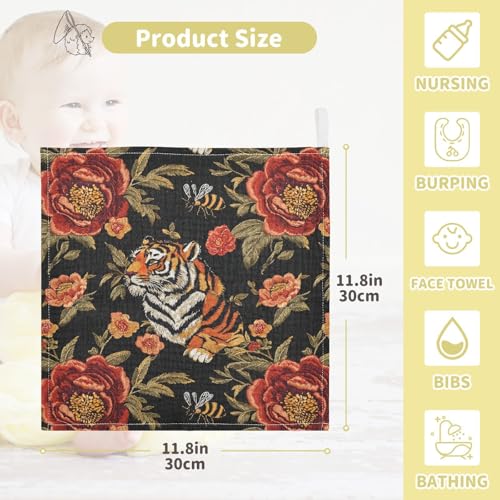 Image of vvfelixl Tiger Bee Flower Baby Burp Cloths Baby Muslin Washcloths for Boys Girls Cotton Babys Face Towel for Newborn Infants Soft and Absorbent 11.8 X 11.8 in, 5 Pack