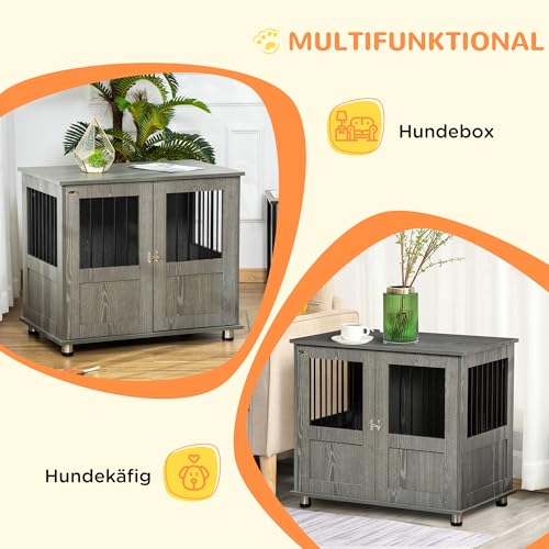 PawHut Hundekäfig Möbel 85cm Hundebox für Zuhause, Moderne Hundehütte mit Magnettür, Schloss, Fenster Abschließbar Hundehaus für mittlere Hunde bis zu 15kg, 85 x 55 x 75 cm, Grau