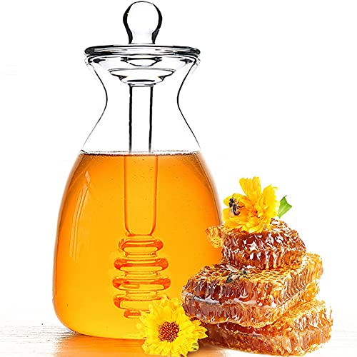 Honey Pot Glass Honey Dispenser Jar with Dipper and Lid Cover for Home Kitchen, Clear, 14 Ounces