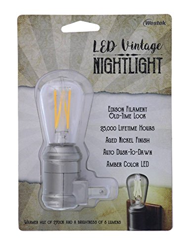 Westek Led Vintage Night Light (Nickel), 2 Pack - Edison-Style Plug In Wall Night Light, Dusk To Dawn - Old-Fashioned Design, Decorative Night Lights - Plastic Casing, 8 Lumens #TOP7