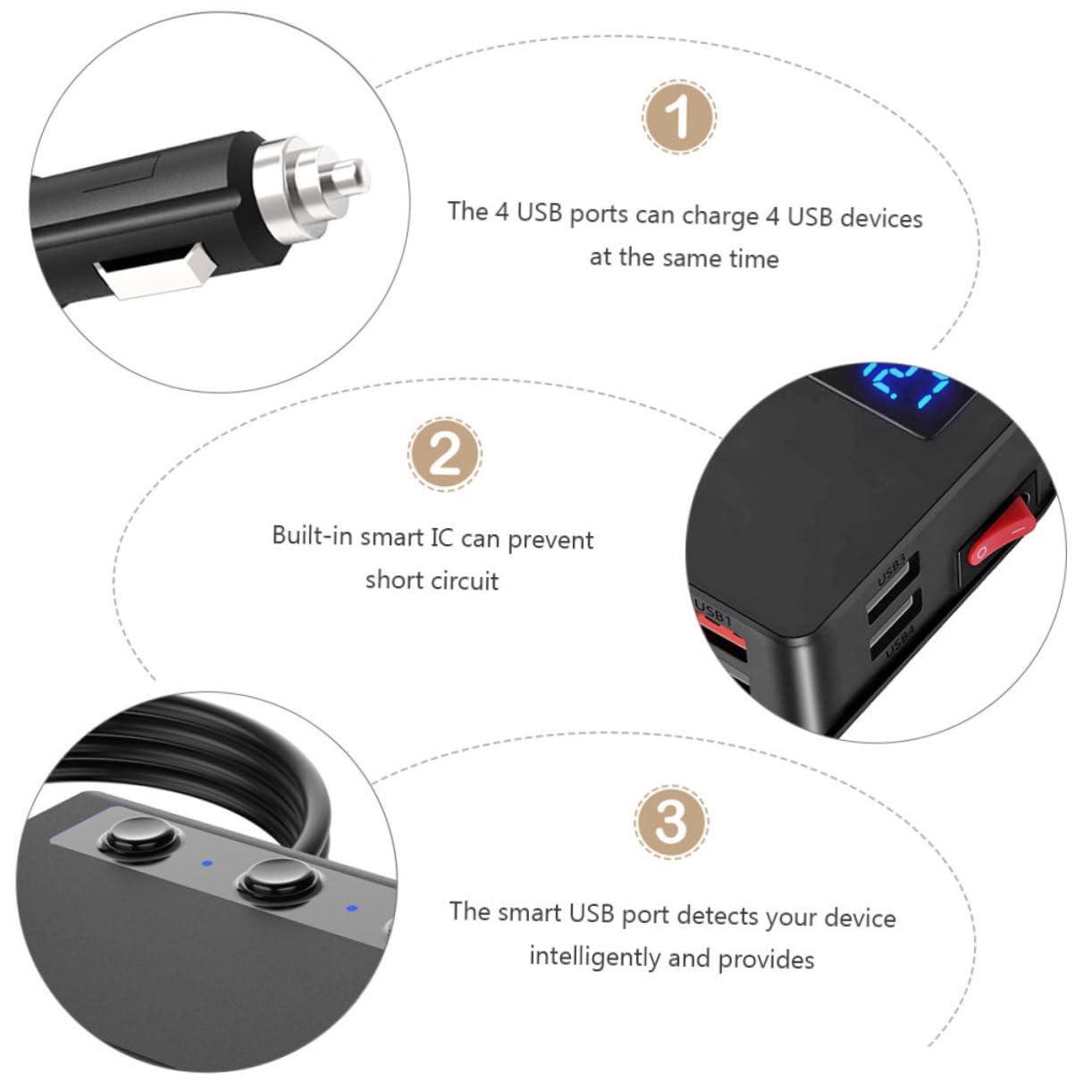 Adattatore Splitter per Auto 180w, 4 Porte Usb, Presa Accendisigari 1 a 3, Rilevamento Intelligente e Protezione per Auto e Camper