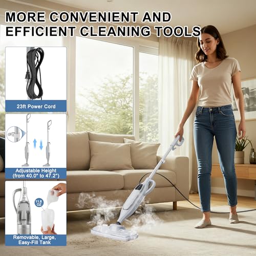Image of Steam Mop, 11-in-1 Powerful Handheld Steam Cleaner with 11.8 OZ Removable Tank, Detachable Steam Mops for Floor Cleaning with 23FT Power Cord (Sliver)