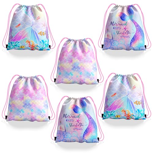 Mochila Con Cordón, 6 Pcs Sirena Bolsa, Sirena Cola Bolsillos Con Cordón, Mochilas Infantiles...