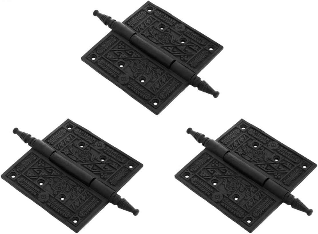 Renovators Supply Manufacturing Cabinet Hinge for Cabinet Door 7.5 in. Black Wrought Iron Butt Hinge Victorian Steeple Tip Rust Resistant Flush Mount Hinges with Hardware, Pack of 3