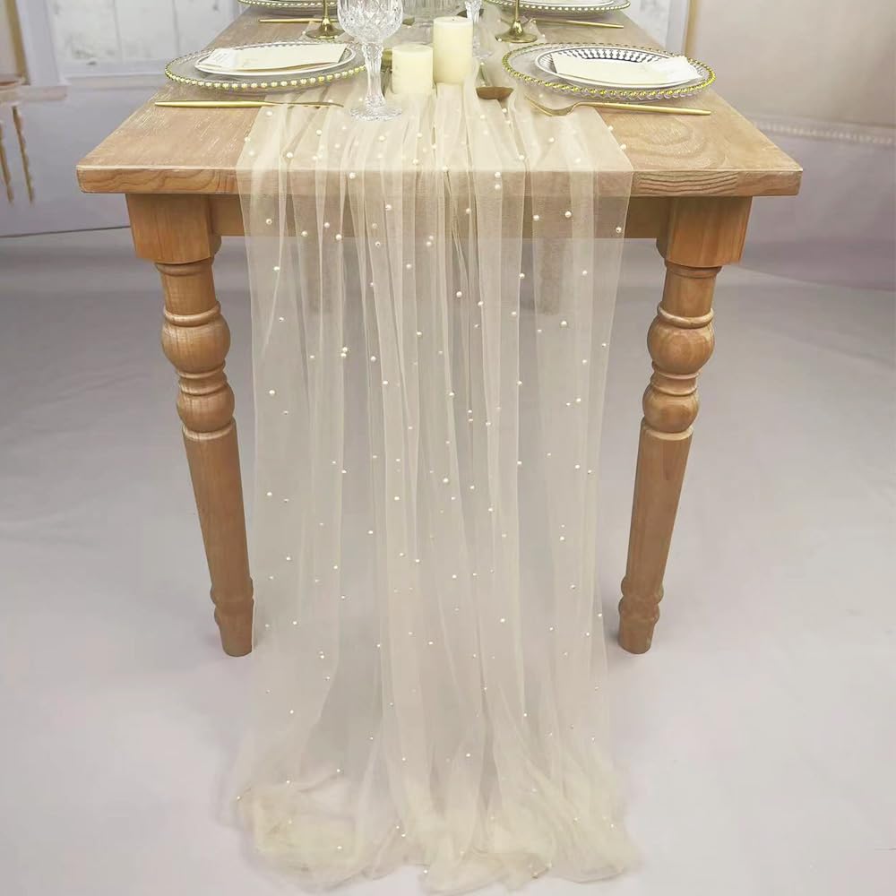 4 Stück 3 m, 152 x 305 cm, Champagnerperlen, eleganter Polyester-Tischläufer mit künstlichen Perlen-Akzenten, extra langer Tüll-Tischläufer für Hochzeit
