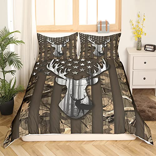 Castle Fairy Camo American Flag Duvet Cover Queen Size, Brown Deer And Trees Silhouette Natural Style Bedding Comforter With 2 Pillowcases, 3Pcs National Flag Green Camouflage Bedding Set For Children Adult thumb #1