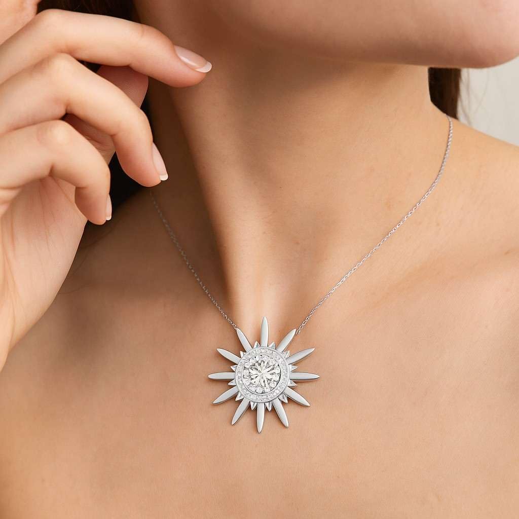 Lab Grown Round Diamond Sunburst Halo Pendant Necklace with Diamonds | 14K Gold or 925 Sterling Silver | April Birthstone Jewelry Gift for Women