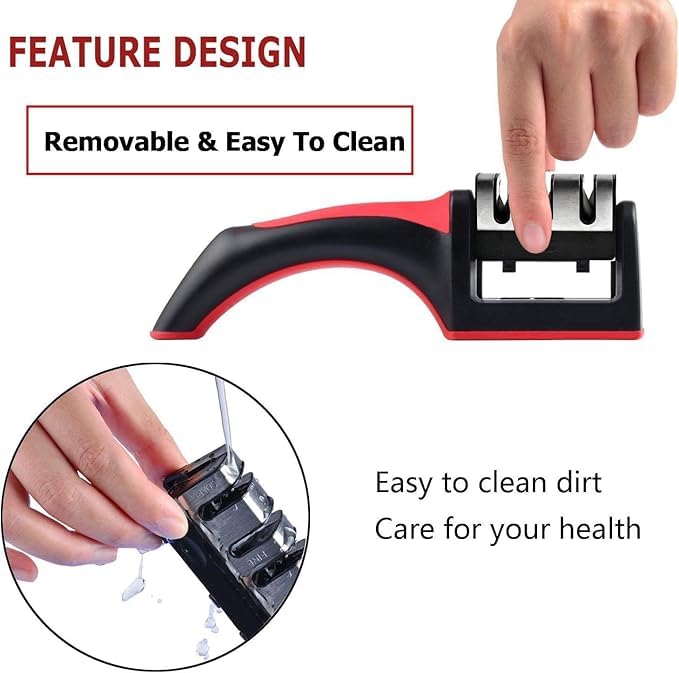 Image of Professional Kitchen Knife Sharpener with 3-Stage Sharpening System, Ergonomic Red Handle, Black (1, 3-Stage)