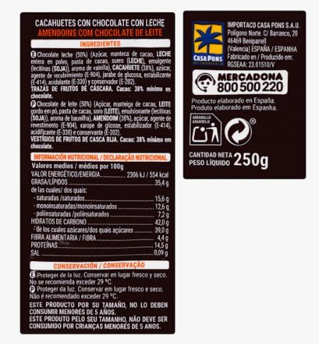 Cacahuètes Hacendado enrobées de chocolat au lait Paquet de 250 g – Lot de 6