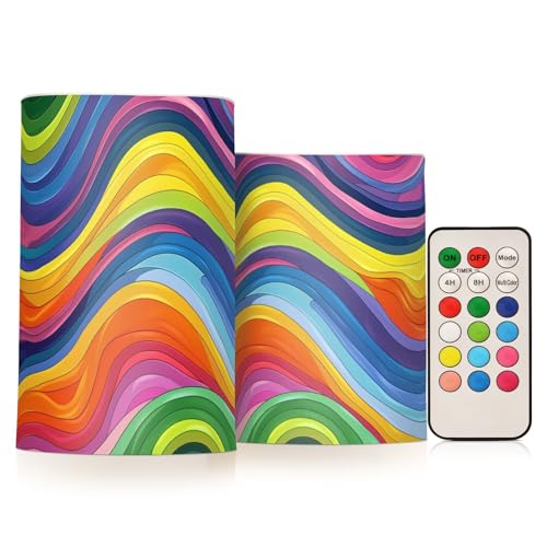 ALAZA Colorful Rainbow Colours Lines Design Flickering Flameless Candles Battery Operated with Remote Timer,Tea Light Candles LED Pillar Votive Candles Set of 2 for Outdoor Indoor Decorations