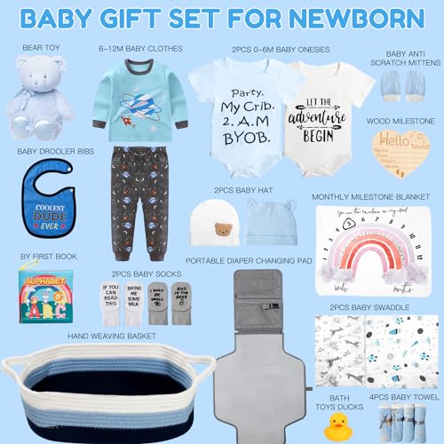 Image of iAOVUEBY Baby Gift Set for Newborn, New Baby Boy Gift Basket, Newborn Essentials Hat Onesie Bear Toys Keepsake Blanket Infant Diaper Changing Pad Bibs, Baby Shower Gifts for Boys