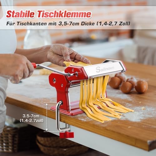 Bild 4 - Sailnovo Nudelmaschine Pasta Maker 180 Aluminiumlegierung mit 9 Einstellbaren Stärkeeinstellungen und 2 Schneidern, Nudelmaschine Manuell für Spaghetti, Fettuccini, Lasagne, Geschenk (Rot)