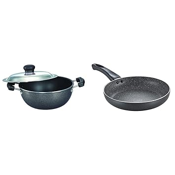 Prestige Aluminium Omega Select Plus Non-Stick Flat Base Kadai with Lid, 20Cm, 2.2 Litters, Black & Deluxe Granite Fry Pan, 240Mm, Black (36305)