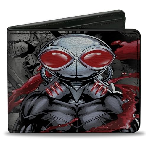 Buckle-Down Men's PU Bifold Wallet-Black Manta Pose/Aquaman Issue 23.1 Cover Scene Grays/Reds, Multicolor, 4.0