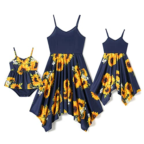 IFFEI Family Matching Sets Sunflower Print Sling Dresses for Mom and Me Matching Outfits