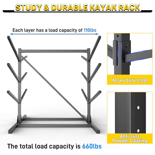 Ultrawall Kayak Storage Rack, Freestanding Kayak Racks For Garage, Adjustable Kayak Stand, Heavy Duty Paddle Board Rack For Kayak, Canoe, Surfboard, 660lbs Capacity, 3 Levels for 6 Kayaks