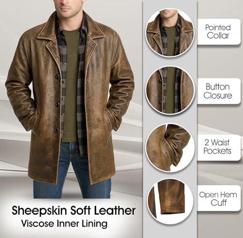 LP-FACON Men's 3/4 Mid Length Genuine Leather Trench Coat - Vintage Leather Blazer Jacket Car Coat2