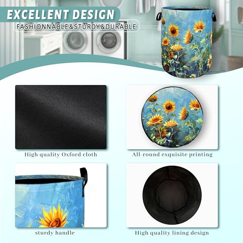 Image of Watercolor Sunflower Laundry Basket Oxford Cloth Hamper 18.9x16.5 Inch