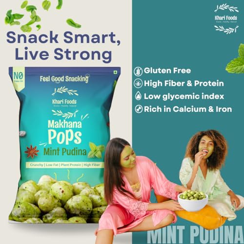 Image of Khari Foods Premium Flavoured Makhana 25g, Crunchy & Roasted Makhana Pops, Protein Source, Fibre Rich, No Palm Oil, Gluten Free (Mint Pudina Pack 4)