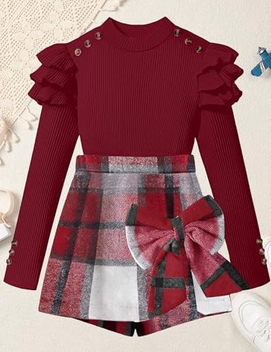 Image of Girls Clothes 2 Piece Ruffle Long Sleeve Shirt Top and Bow Plaid Skirt Set Girls Fall Winter Outfits 6-16 Years