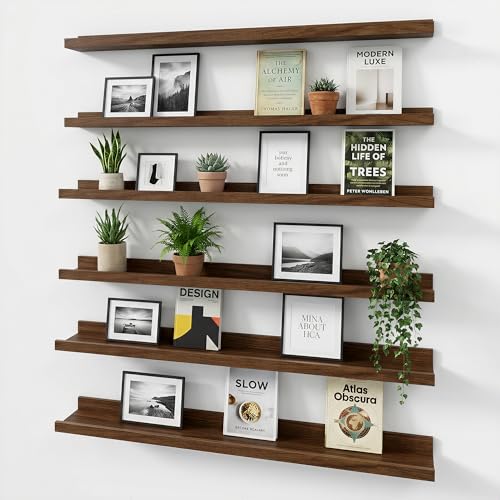 Acovy Floating Shelves Set of 6, 36 Inch Wall Mounted Picture Ledge Shelf with Lip, Walnut Display Shelves for Living Room, Bedroom, Nursery, Bathroom & Kitchen