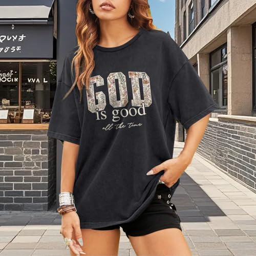 Image of Christian God is Good Shirts for Women Jesus Faith Religious T Shirts Floral Graphic Oversized Acid Washed Tee Tops