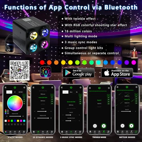 Image of AKEPO 36W 4 Color Twinkle Starlights Headliner Fiber Optic Lights Kit | 840pcs*13.1ft*0.03in Strands, Colorful Meteor 4-heads Music Sync Remote /APP Control Star Light Kit for Car /Home Ceiling