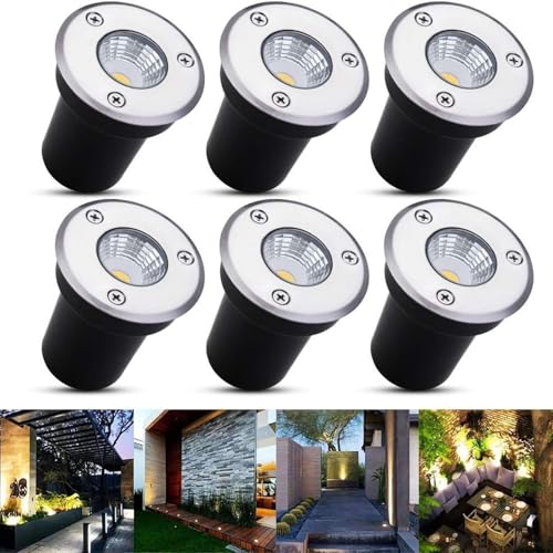 6PCS Recessed LED Floor Spotlight - 3W Outdoor Recessed Spot Light, Outdoor Floor Lamp, Garden Underground Spotlight, DC 12V-24V Round Stainless Steel Outdoor Buried Lights(Cool White,3W(DC12V))