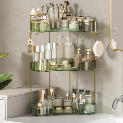 3-Tier Corner Bathroom Counter Organizer，Makeup & Skincare Shelf with Built-in