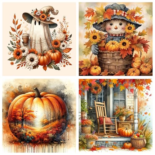 4 Pack Thanksgiving Diamond Art Kits for Adults Beginners Scarecrow Ghost Fall Pumpkin Diamond Painting Kits for Adults 5D Full Drill DIY Diamond Dot Gem Art Kit Wall Home Decor Arts Craft 12X12 inch